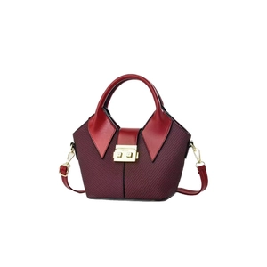 Fashionable burgundy bucket bag with shirt collar design and golden buckle closure