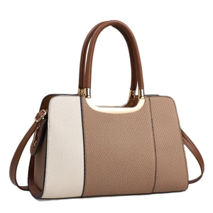 Women's tricolor patchwork handbag with woven texture and adjustable shoulder strap