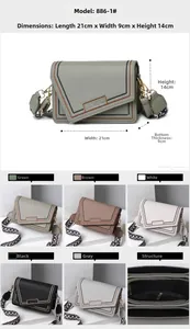 Detailed size specs and color options for the geometric flap crossbody bag with wide strap