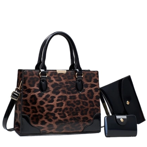 Ensemble 3 pièces sac cabas à imprimé léopard en cuir verni brillant et détails dorés