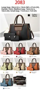 Three-piece tote bag set with textured faux leather and detailed size specifications