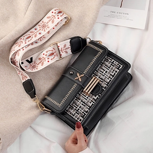 Women Splicing Shoulder Bag PU Leather Tweed Woven Color Block Fashion Crossbody Bag With Embroidered Wide Strap Handbag