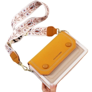 Chic yellow and cream crossbody square bag with vintage embroidered wide shoulder strap