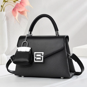 Women Spliced PU Leather Woven Shoulder Bag With Mini Bag Pendant Metal Square Buckle Fashion Commuting Crossbody Handbag