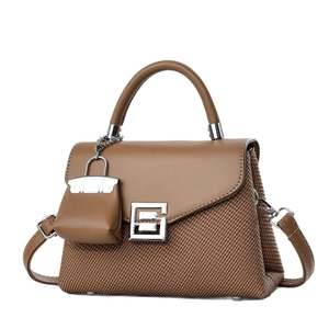 Elegant brown two-tone crossbody bag with woven texture, metal buckle and mini pouch