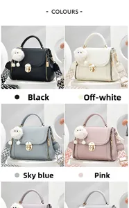 Detailed view of fashionable macaron handbags in black, off-white, blue, and pink colors