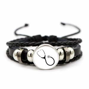Multilayer leather bracelet with stethoscoper design and braided cord detail