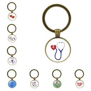 Vintage Zinc Alloy Glass Cabochon Keychain Antique Bronze Stethoscope Syringe Medical Nurse Doctor Student Career Gift