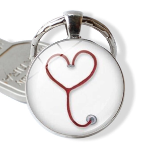 Nurse themed keychain with heart stethoscope medical pattern on silver metal ring