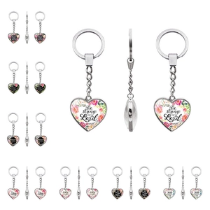 Heart Shape Keychain Zinc Alloy Glass Inspirational Bible Verse Quote Floral Print Pendant Gift Accessory