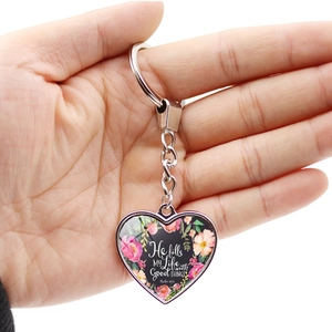 Heart keychain with Psalm 103:5 scripture floral design in polished metal frame