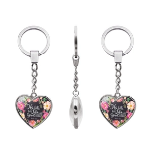 Three-view layout of heart keychain with floral print and Psalm 103:5 quote
