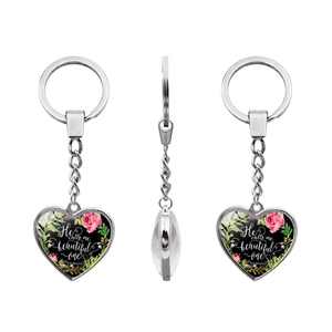 Detailed macro of heart keychain featuring floral art and He calls me beautiful one text