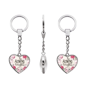 Detailed three-view shots of heart keychain with floral pattern and Bible verse quote