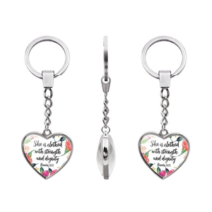 Multiple views of silver heart keychain with Proverbs 31:25 verse and floral pattern