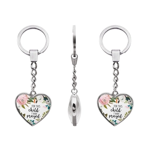 Silver heart keychain with pink floral print and FOR THIS child I HAVE prayed message