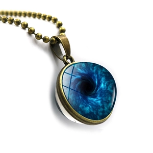 Cosmic galaxy space vortex double-sided glass ball pendant necklace with bronze chain