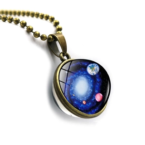 Vintage bronze galaxy pendant necklace with double-sided space glass orb and bead chain