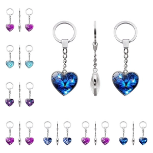 Butterfly Heart Time Gem Glass Keychain Alloy Metal Heart Pendant Butterfly Starry Sky Pattern Keychain For Women Girls Gift