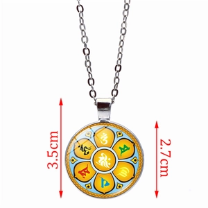 Silver pendant necklace with colorful lotus pattern and Buddhist mantra, 2.7cm diameter