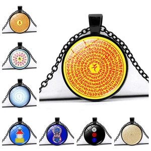 Round Pendant Necklace Alloy Glass Cabochon Mantra Buddhist Religious Jewelry Vintage Unisex Style