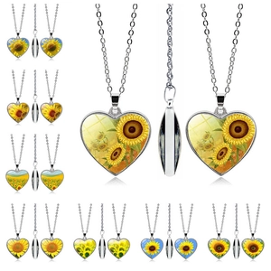 Minimalist silver heart sunflower pendant necklace with double-sided glass gem design