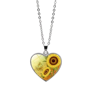 Minimalist sunflower heart locket necklace with vintage floral pendant and silver chain