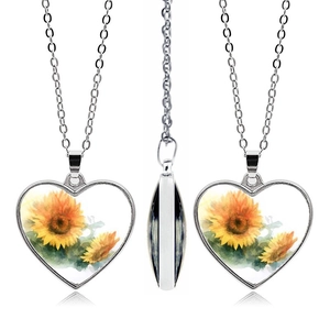 Detailed views of heart-shaped sunflower pendant necklace from multiple angles