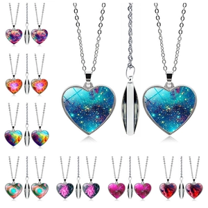 Heart Necklace Galaxy Nebula Pendant Double Sided Zinc Alloy Glass Fashion Jewelry Universe Theme For Women Men