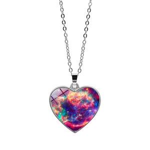 Cosmic nebula heart pendant necklace with silver chain and double-sided glass galaxy gem