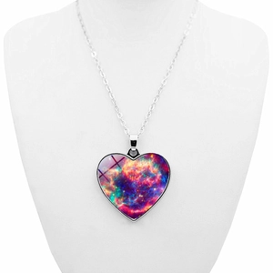 Cosmic galaxy heart pendant necklace with nebula glass stone on silver chain