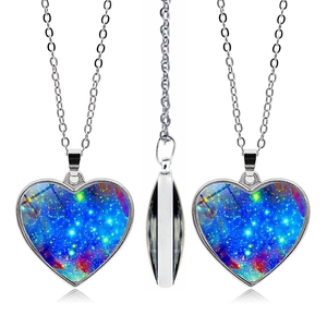 Double-sided heart galaxy necklace with silver chain and blue nebula glass pendant
