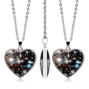 Cosmos nebula heart necklace with double-sided galaxy pendant on silver link chain