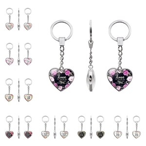 Heart Shaped Keychain Double Sided Zinc Alloy Glass Floral Pattern Bible Verse Inspirational Quote Key Ring Pendant