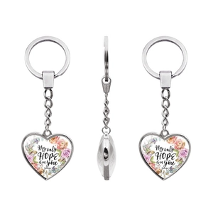 Detailed view of silver heart keychain featuring Bible verse Psalm 39:7 and floral design
