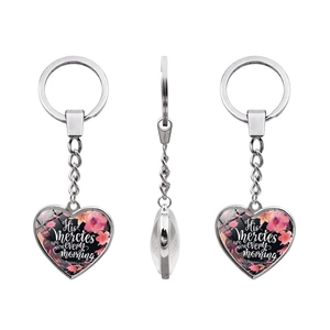 Detail of silver heart keychain with His mercies are new every morning floral quote