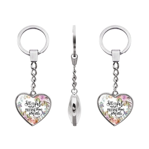Detail of silver heart keychain with Proverbs 31:10 quote and floral background