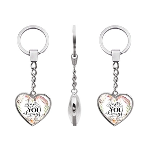 Three-way view of silver heart keychain with 'I am with YOU always' floral quote