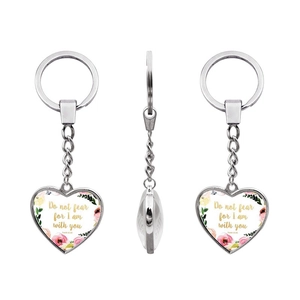 Detailed views of silver heart keychain with Isaiah 41:10 verse and floral design
