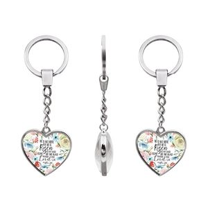 Silver heart keychain with vintage floral pattern and Bible verse Matthew 28:6