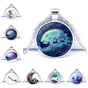 Collier Noël Pendentif Rond Alliage Zinc Cabochon Verre Père Noël Bonhomme De Neige Bijoux Mode Vacances