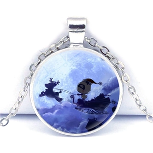 Collier de Noël argenté avec panda et renne sur pendentif cabochon en verre rond