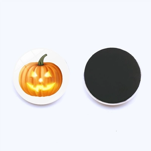 Detailed front and back view of a 30mm magnetic Halloween Jack-O-Lantern glass fridge magnet