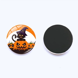 Detail of 30mm round Halloween fridge magnet with black cat and pumpkin glass dome