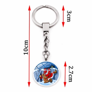 Christmas Santa Claus time gem keychain with blue cartoon pendant and dimensions shown