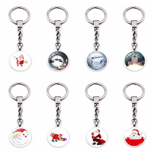 Christmas Santa Claus Glass Cabochon Keychain Round Zinc Alloy Key Ring Pendant Festive Holiday Gift Ornament Key Chain