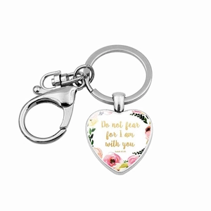 Close-up of heart keychain with pink flowers and Isaiah 41:10 biblical quote