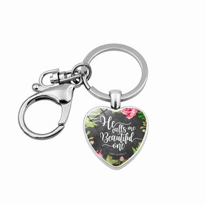 Silver heart keychain with Song of Solomon 2:10 inscription and pink floral pattern