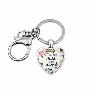Silver heart keychain with flower border and 'FOR THIS child I HAVE prayed' text