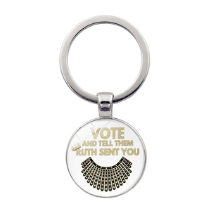 Macro detail of RBG tribute keychain featuring the VOTE slogan and iconic collar icon